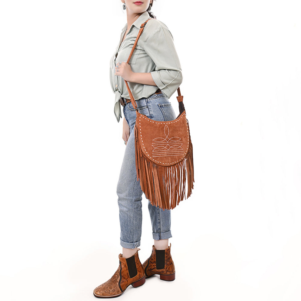 American Darling Black Genuine Suede Crossbody Bag – Western Boot Stitch Design, Fringe Detailing, Genuine Leather, Lightweight Everyday Carry