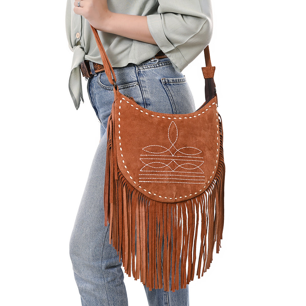 American Darling Black Genuine Suede Crossbody Bag – Western Boot Stitch Design, Fringe Detailing, Genuine Leather, Lightweight Everyday Carry