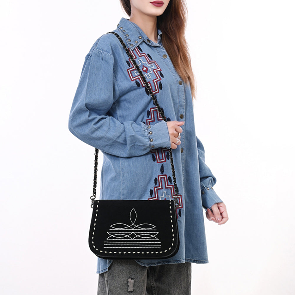 American Darling Black Genuine Suede Western Leather Crossbody Bag with Buck Stitch, Boot-Stitched Pattern, Chain Strap & Full-Grain Interior Lining