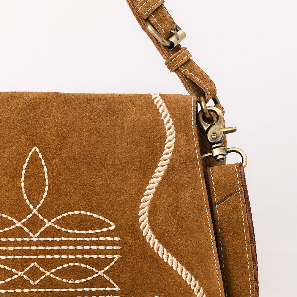 American Darling Suede Leather Cross body Bag Genuine Vegetable-Tanned Leather Purse with Boot Stitched Embroidery