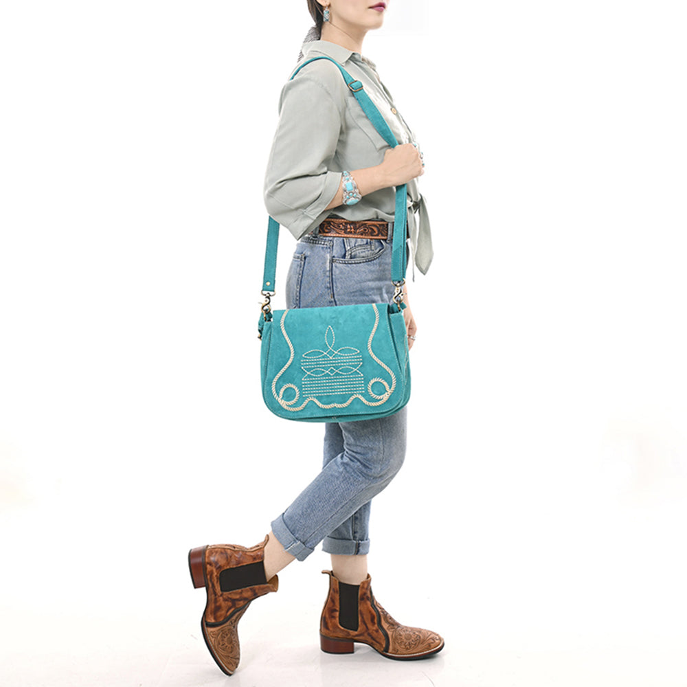 American Darling Suede Leather Cross body Bag Genuine Vegetable-Tanned Leather Purse with Boot Stitched Embroidery