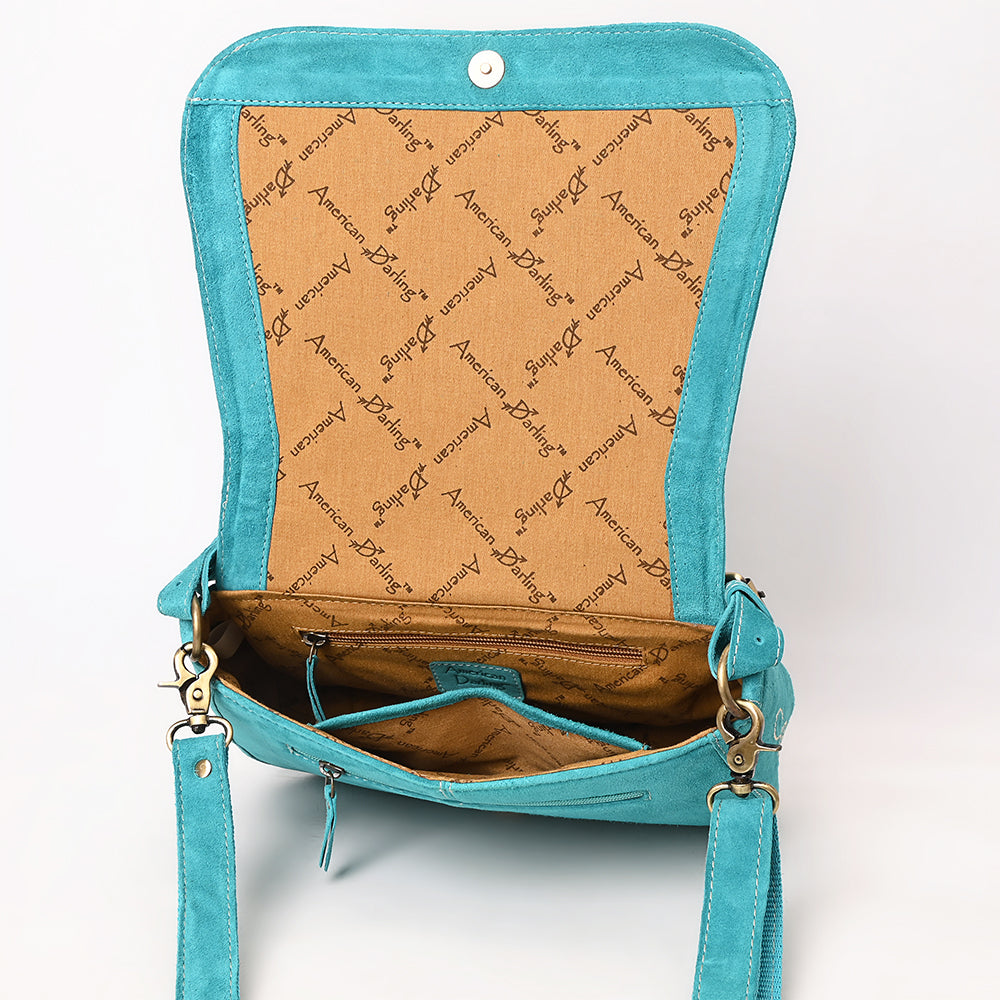 American Darling Suede Leather Cross body Bag Genuine Vegetable-Tanned Leather Purse with Boot Stitched Embroidery