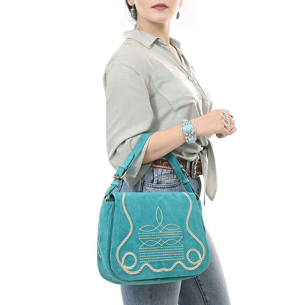 American Darling Suede Leather Cross body Bag Genuine Vegetable-Tanned Leather Purse with Boot Stitched Embroidery