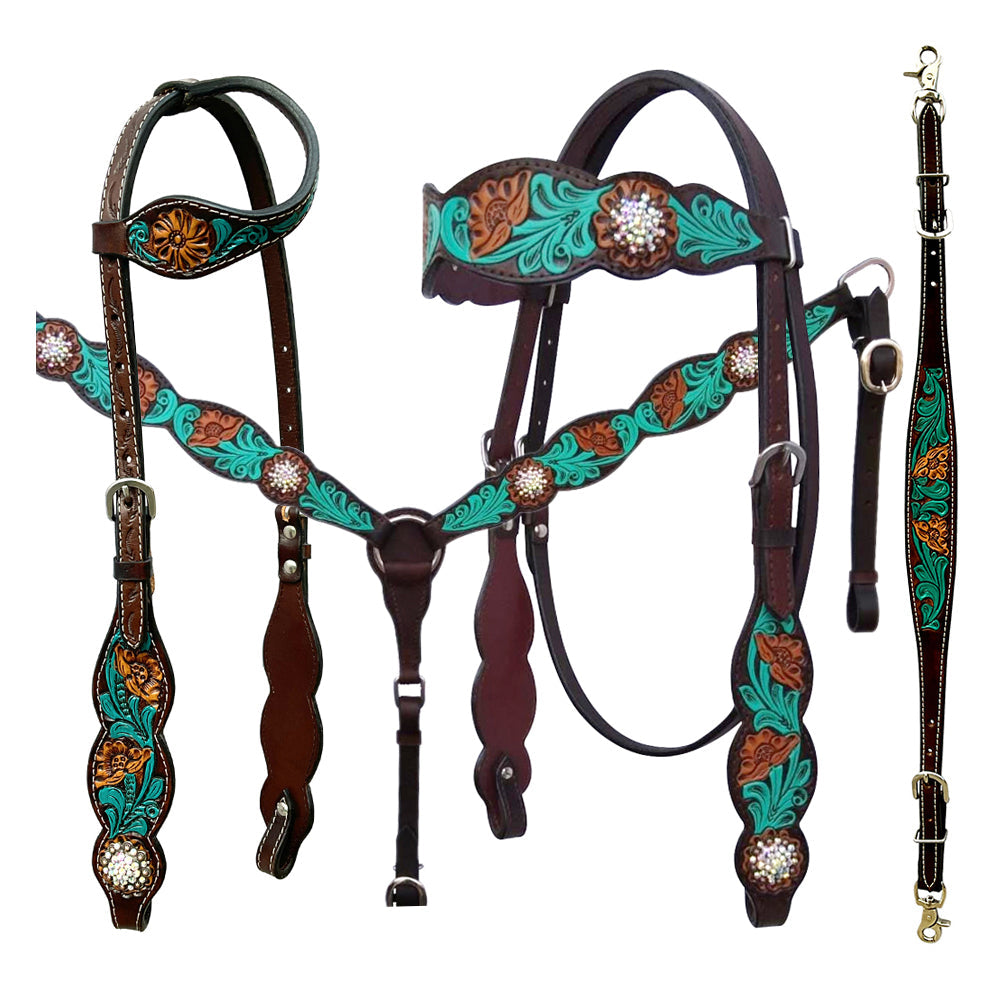Bar H Equine American Leather Horse Saddle Tack One Ear Headstall Breast Collar Browband Wither Strap Set Jora Autumn