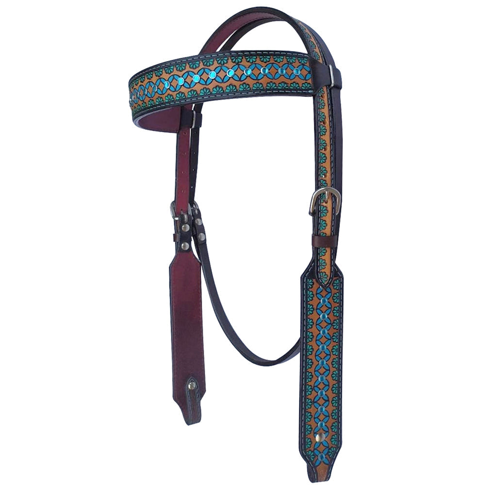 Bar H Equine American Leather Horse Saddle Tack One Ear Headstall | Breast Collar | Browband Headstall | Wither Strap | Tack Set for Horses Turquoise Symmetry Collection