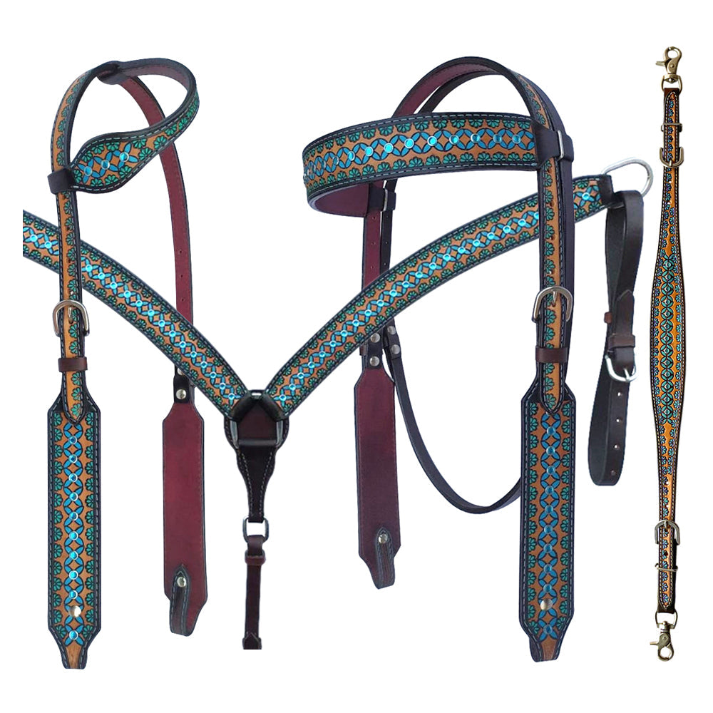Bar H Equine American Leather Horse Saddle Tack One Ear Headstall | Breast Collar | Browband Headstall | Wither Strap | Tack Set for Horses Turquoise Symmetry Collection