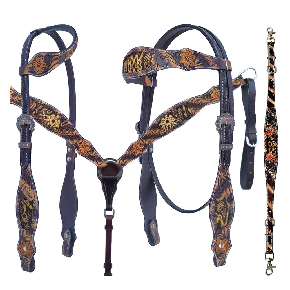 Bar H Equine American Leather Horse Saddle Tack One Ear Headstall | Breast Collar | Browband Headstall | Wither Strap | Tack Set for Horses Tropical Snake Collection