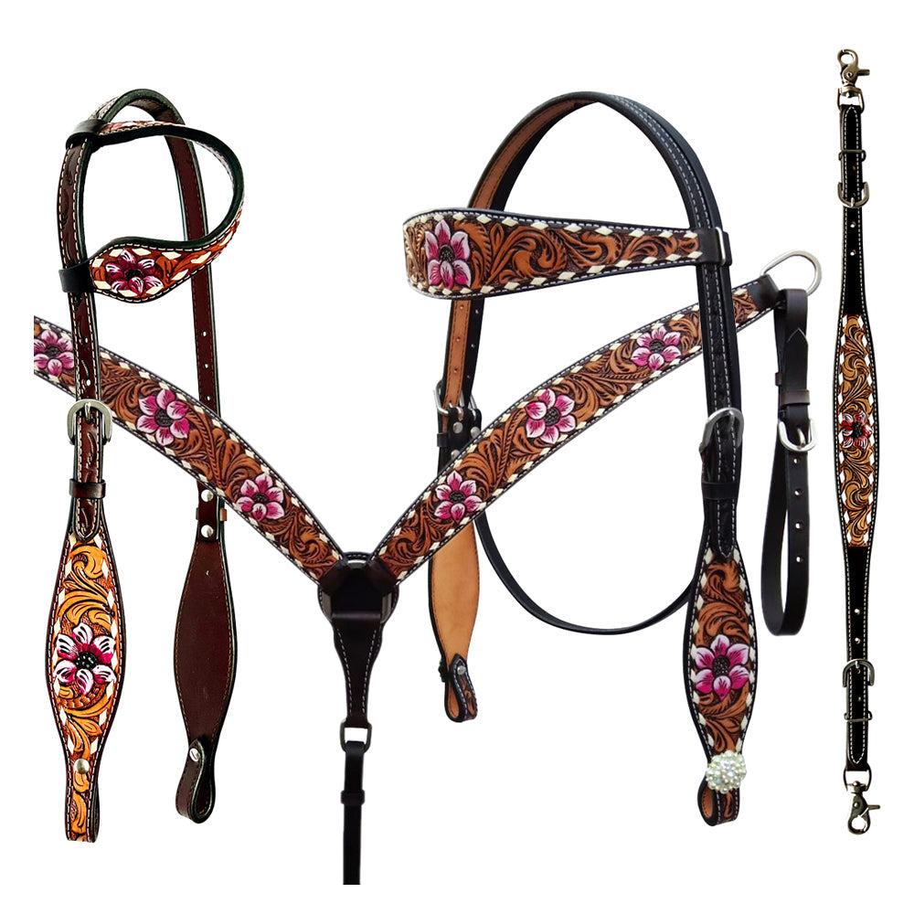 Bar H Equine American Leather Horse Saddle Tack One Ear Headstall | Breast Collar | Browband Headstall | Wither Strap | Tack Set for Horses Tropical Chaya Collection