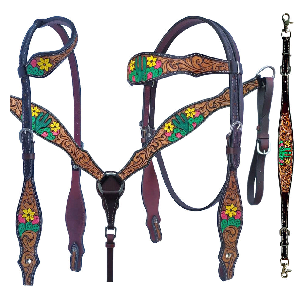 Bar H Equine American Leather Horse Saddle Tack One Ear Headstall Breast Collar Browband Wither Strap Set Tropical Cactus