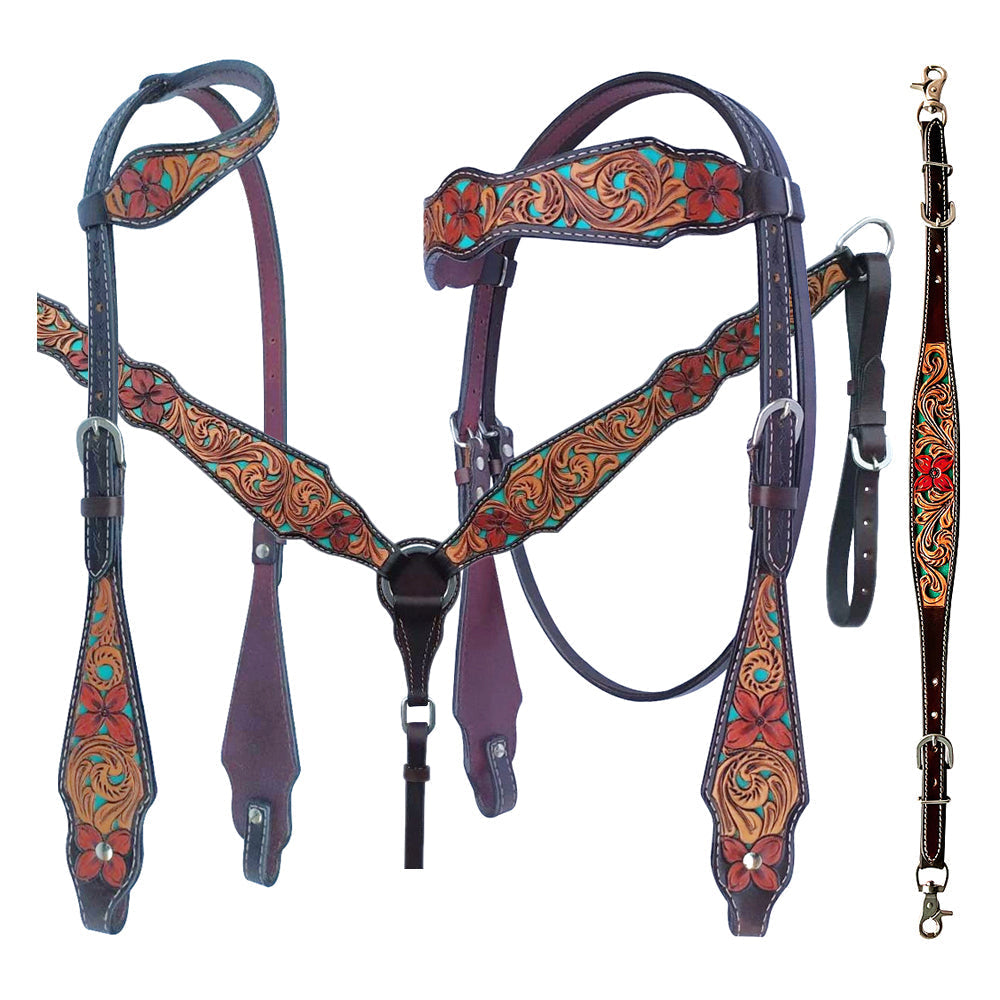 Bar H Equine American Leather Horse Saddle Tack One Ear Headstall | Breast Collar | Browband Headstall | Wither Strap | Tack Set for Horses Tropical Turquoise Curved Collection