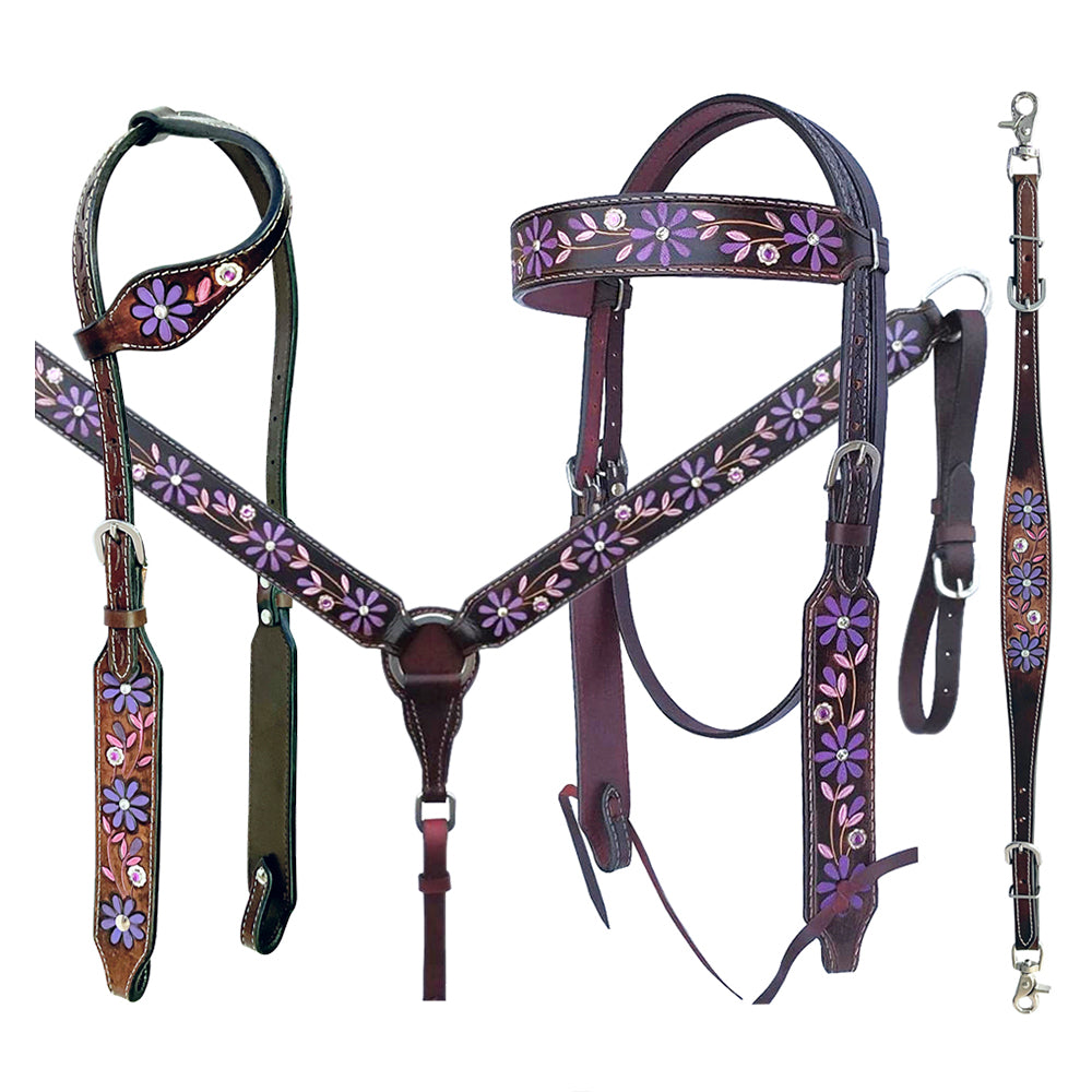 Bar H Equine American Leather Horse Saddle Tack One Ear Headstall | Breast Collar | Browband Headstall | Wither Strap | Tack Set for Horses BER116