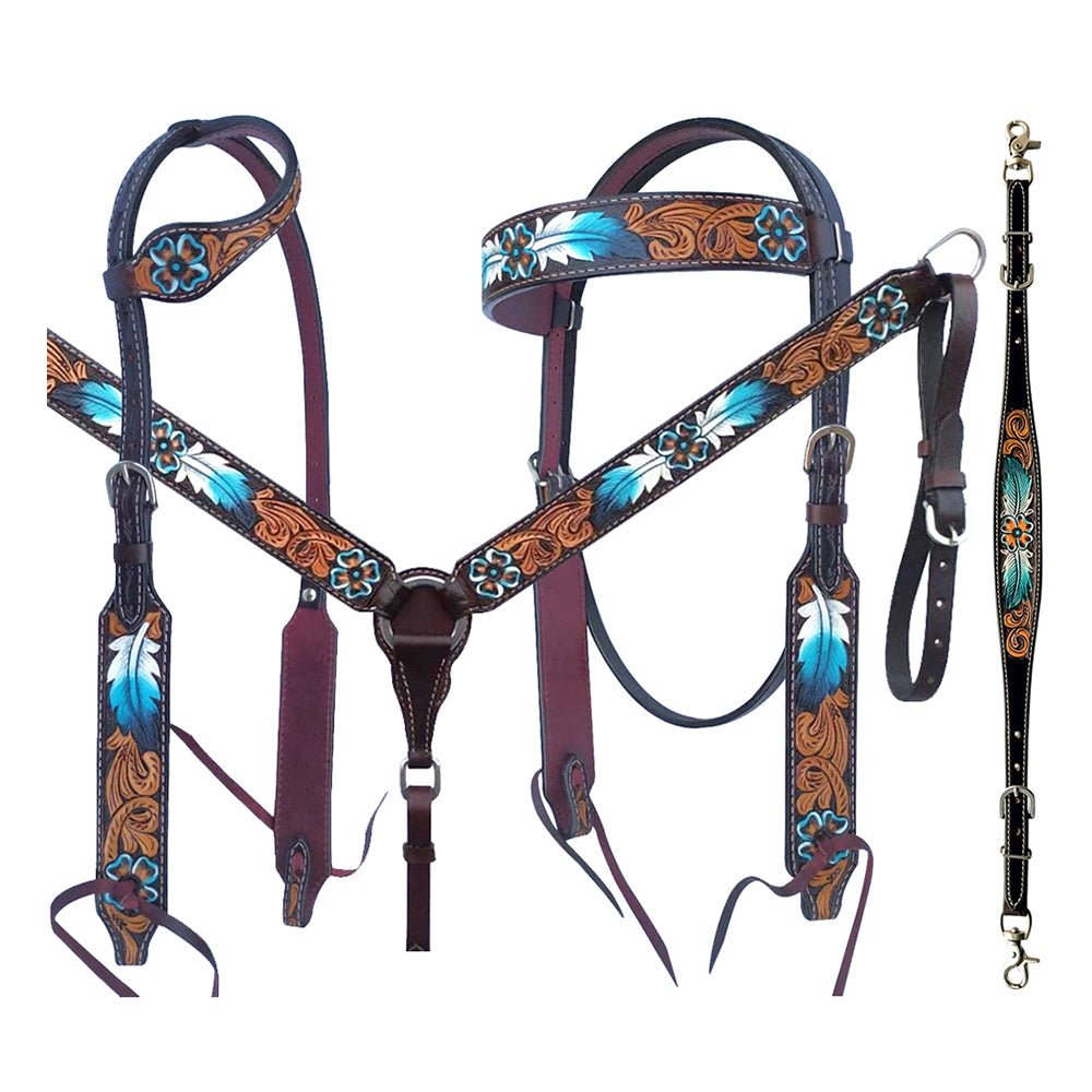 Bar H Equine American Leather Horse Saddle Tack One Ear Headstall | Breast Collar | Browband Headstall | Wither Strap | Tack Set for Horses BER117