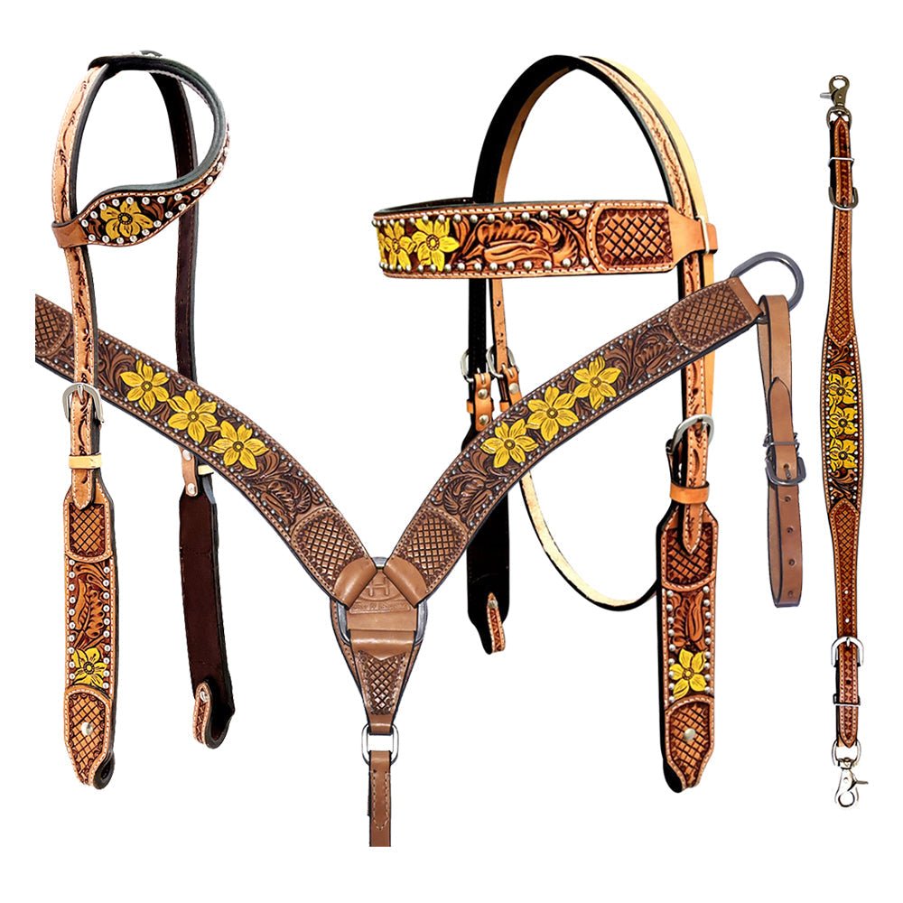 BAR H EQUINE Western Leather Horse Headstall & Breast Collar & Wither Strap