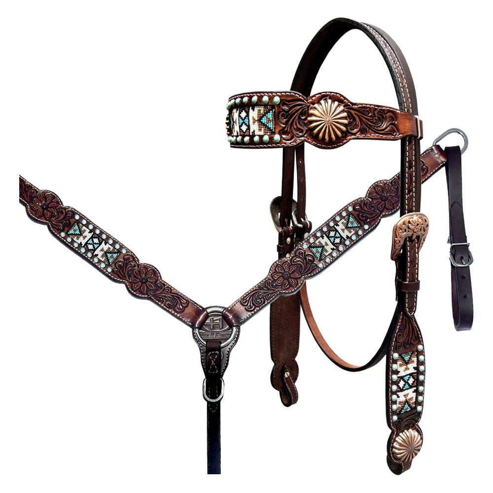 Bar H Equine Genuine Western American Leather Horse Premium Headstall & Breast Collar Set
