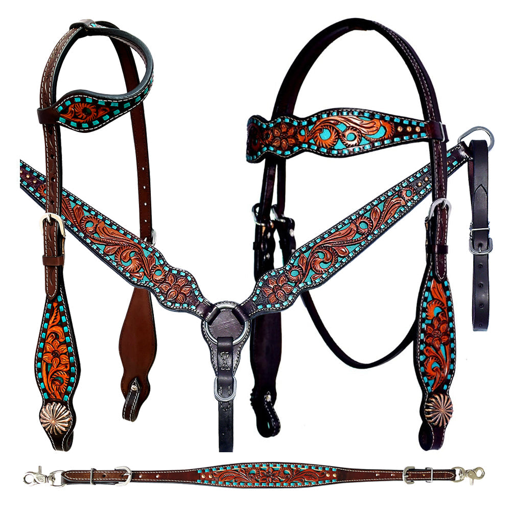 Bar H Equine Genuine Western American Leather Horse Premium Headstall & Breast Collar Set
