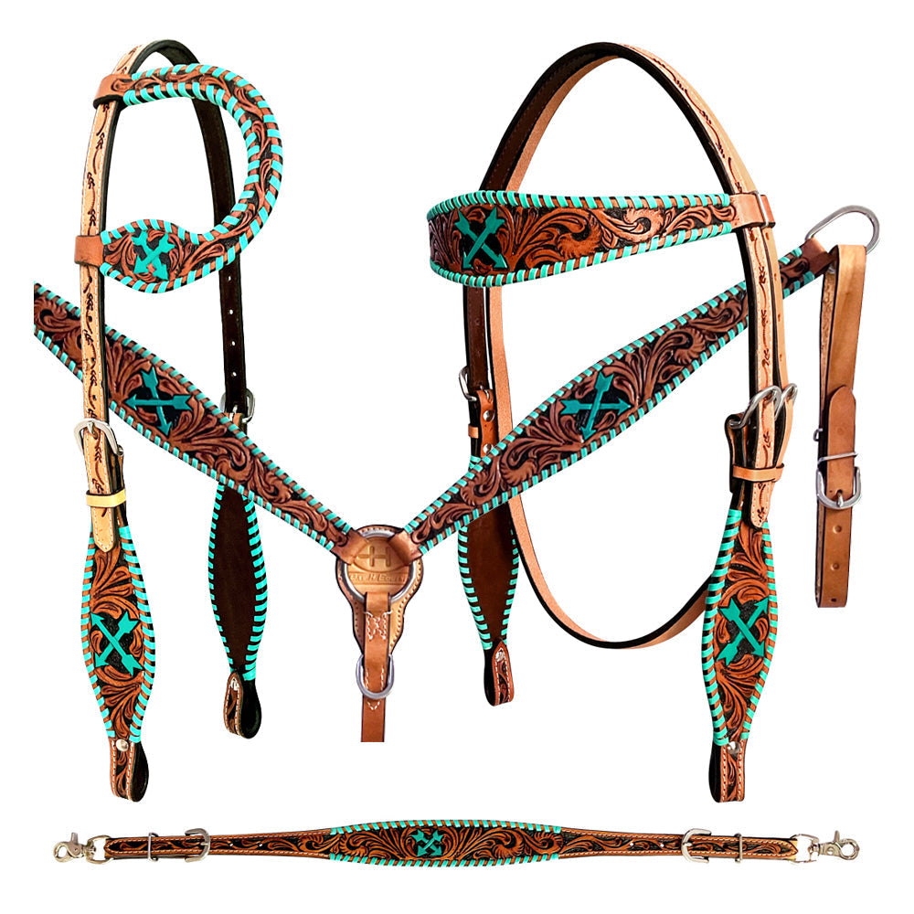 Bar H Equine American Leather Horse Saddle Tack One Ear Headstall | Breast Collar | Browband Headstall | Wither Strap | Tack Set BER258