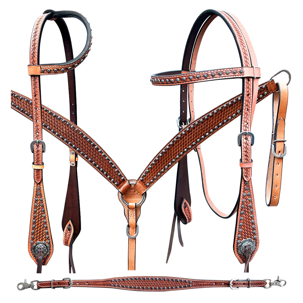 Bar H Equine American Leather Horse Saddle Tack One Ear Headstall | Breast Collar | Browband Headstall | Wither Strap | Tack Set BER260
