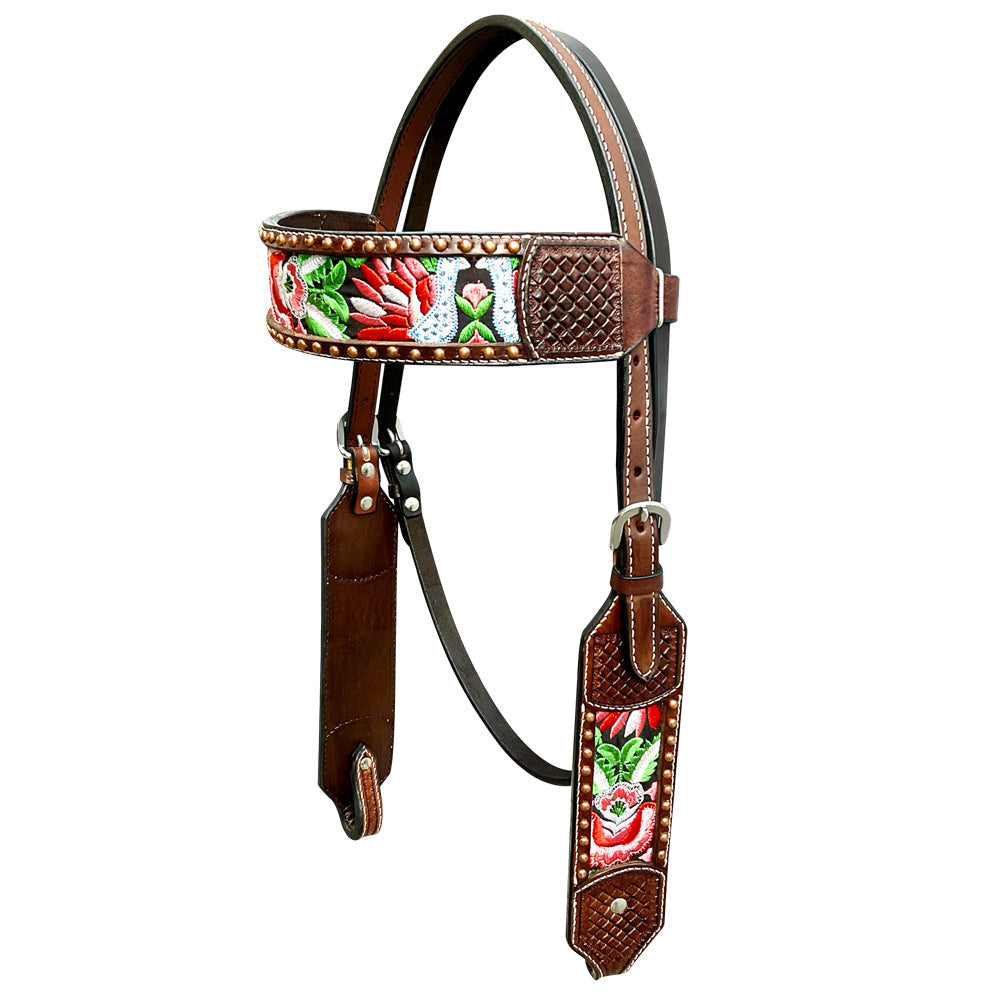 Bar H Equine Horse Genuine Leather embroidery design Breast Collar ,Headstall Brown