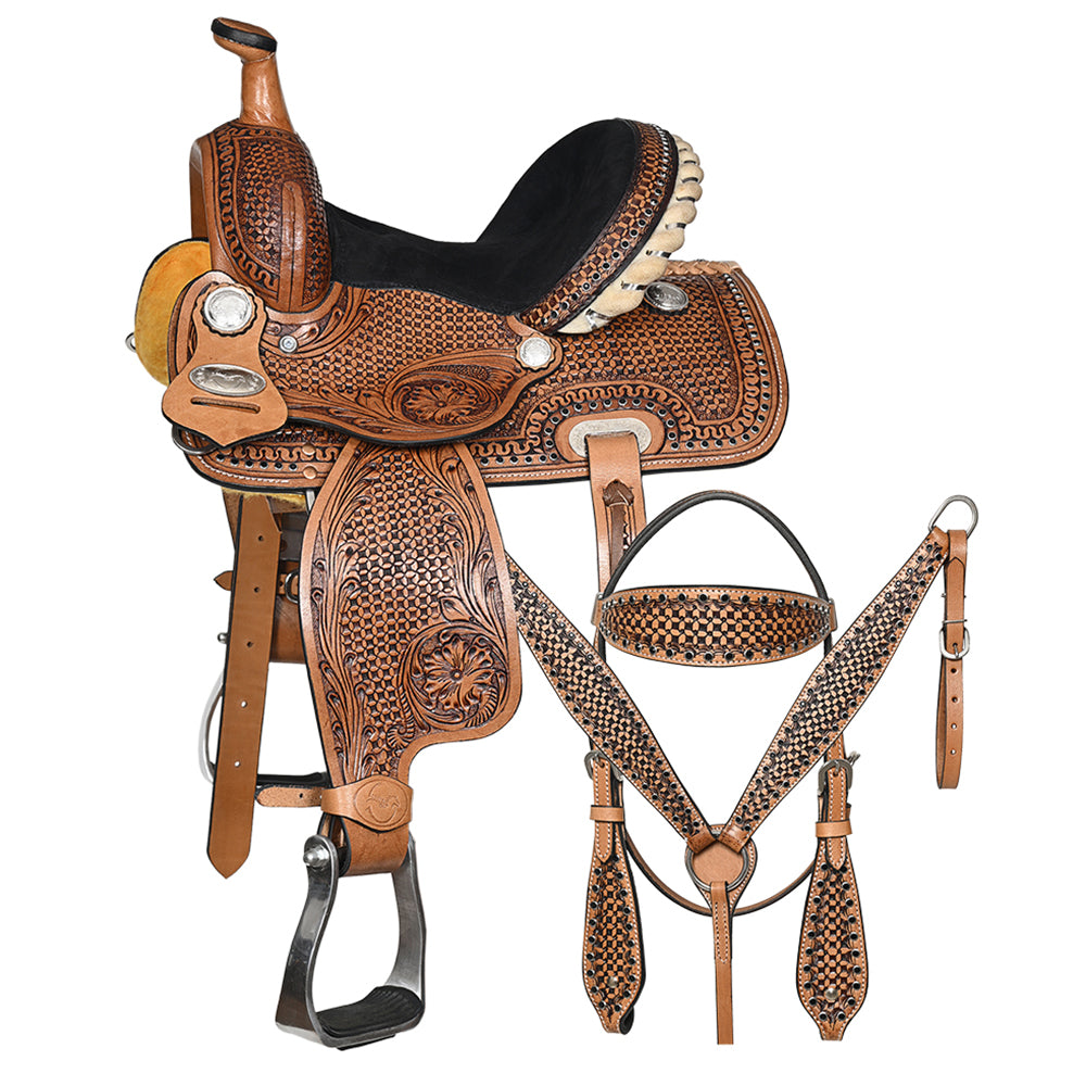 Comfytack Brown Western Kids Youth Children Miniature Pony Saddle Leather Trail Tack Set | Hand Tooled Saddle | Western Saddle | Saddle for Horses | Horse Tack Set