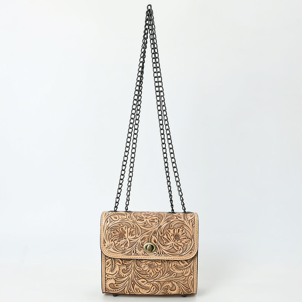 American Darling Hand-Tooled Leather Small Cross Body Bag with Floral Carving, Genuine Leather Build, Chain Strap & Well-Compartmentalized Interior