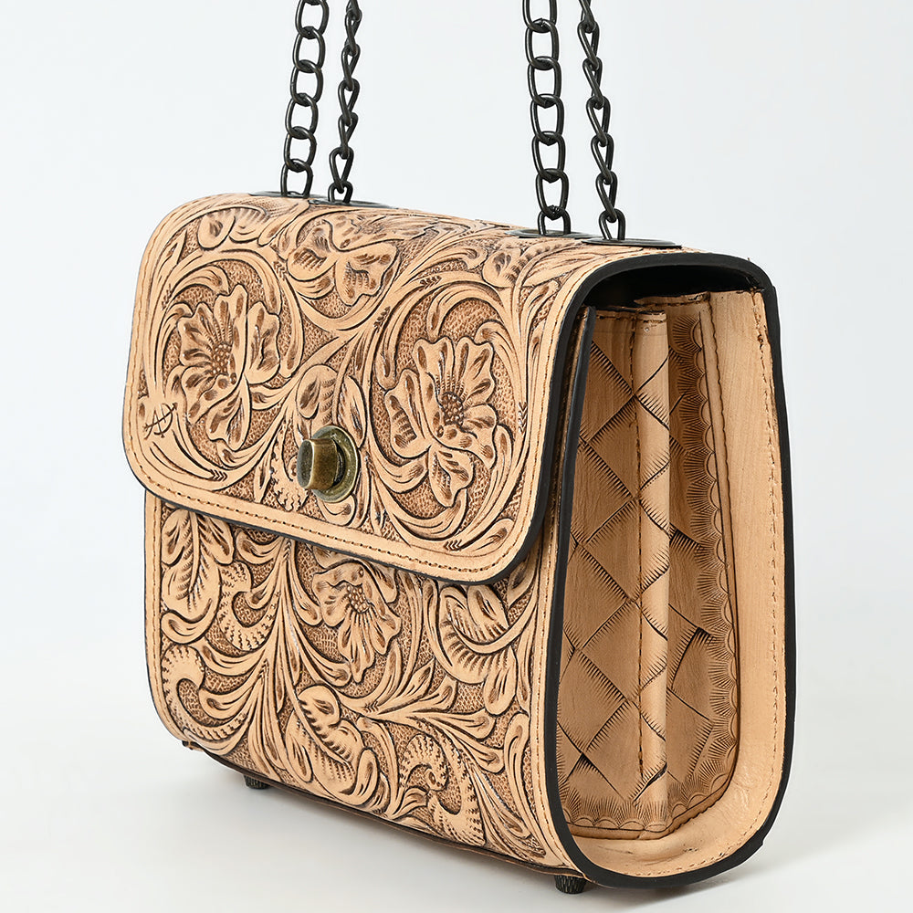 American Darling Hand-Tooled Leather Small Cross Body Bag with Floral Carving, Genuine Leather Build, Chain Strap & Well-Compartmentalized Interior