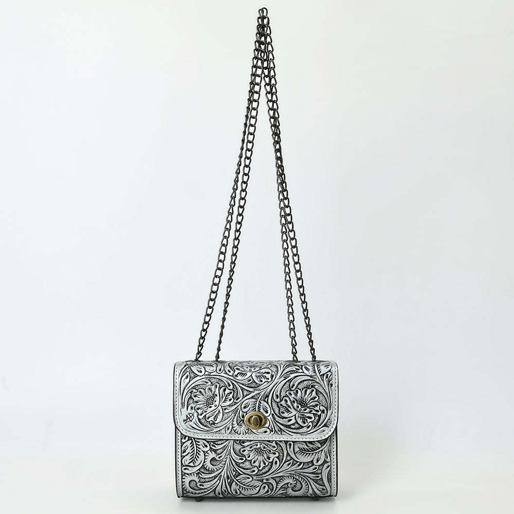 American Darling Hand-Tooled Leather Small Cross Body Bag with Floral Carving, Genuine Leather Build, Chain Strap & Well-Compartmentalized Interior