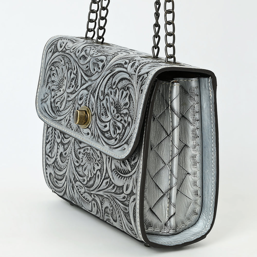American Darling Hand-Tooled Leather Small Cross Body Bag with Floral Carving, Genuine Leather Build, Chain Strap & Well-Compartmentalized Interior