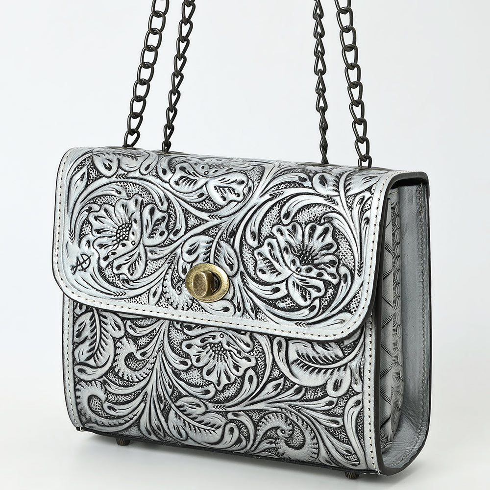 American Darling Hand-Tooled Leather Small Cross Body Bag with Floral Carving, Genuine Leather Build, Chain Strap & Well-Compartmentalized Interior
