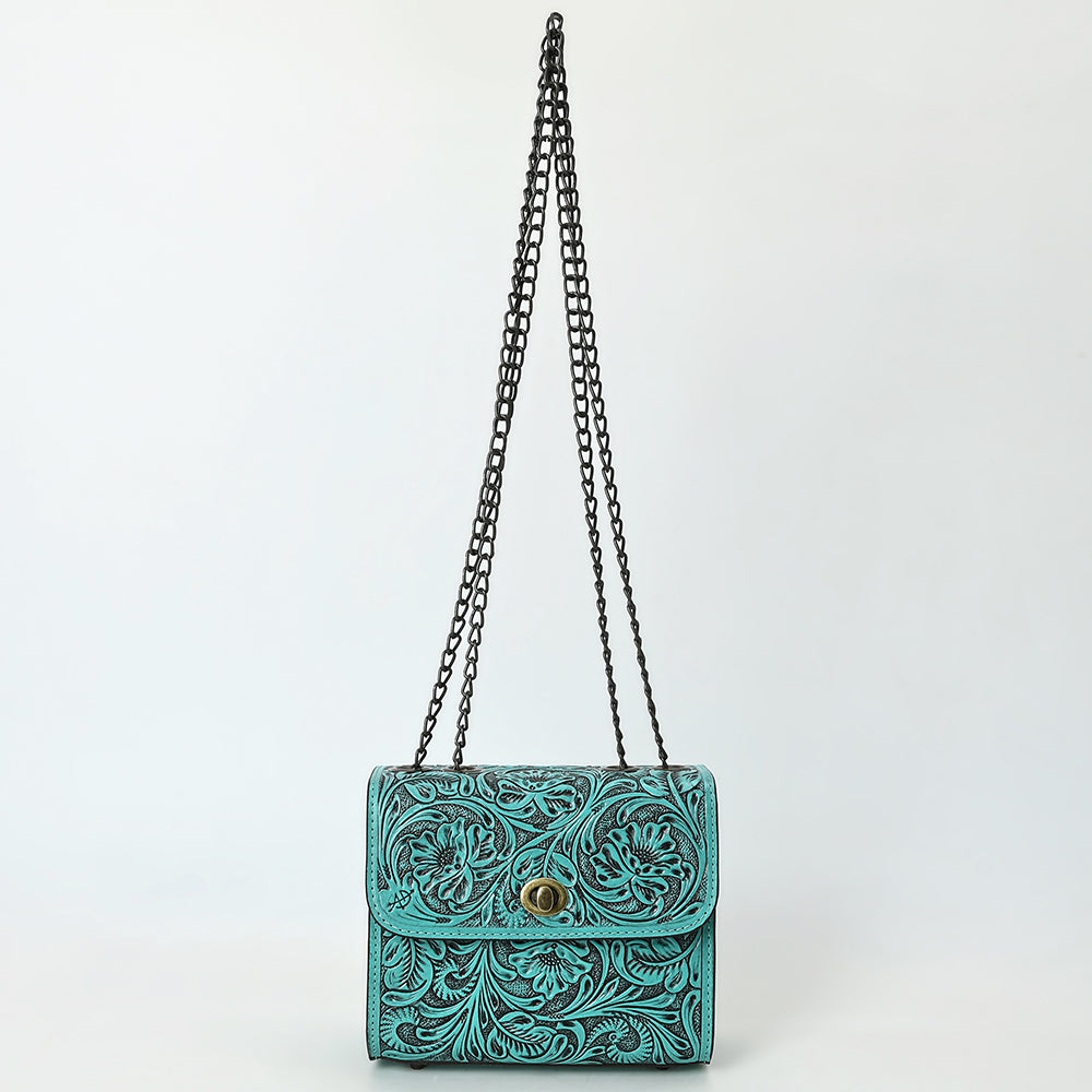 American Darling Hand-Tooled Leather Small Cross Body Bag with Floral Carving, Genuine Leather Build, Chain Strap & Well-Compartmentalized Interior
