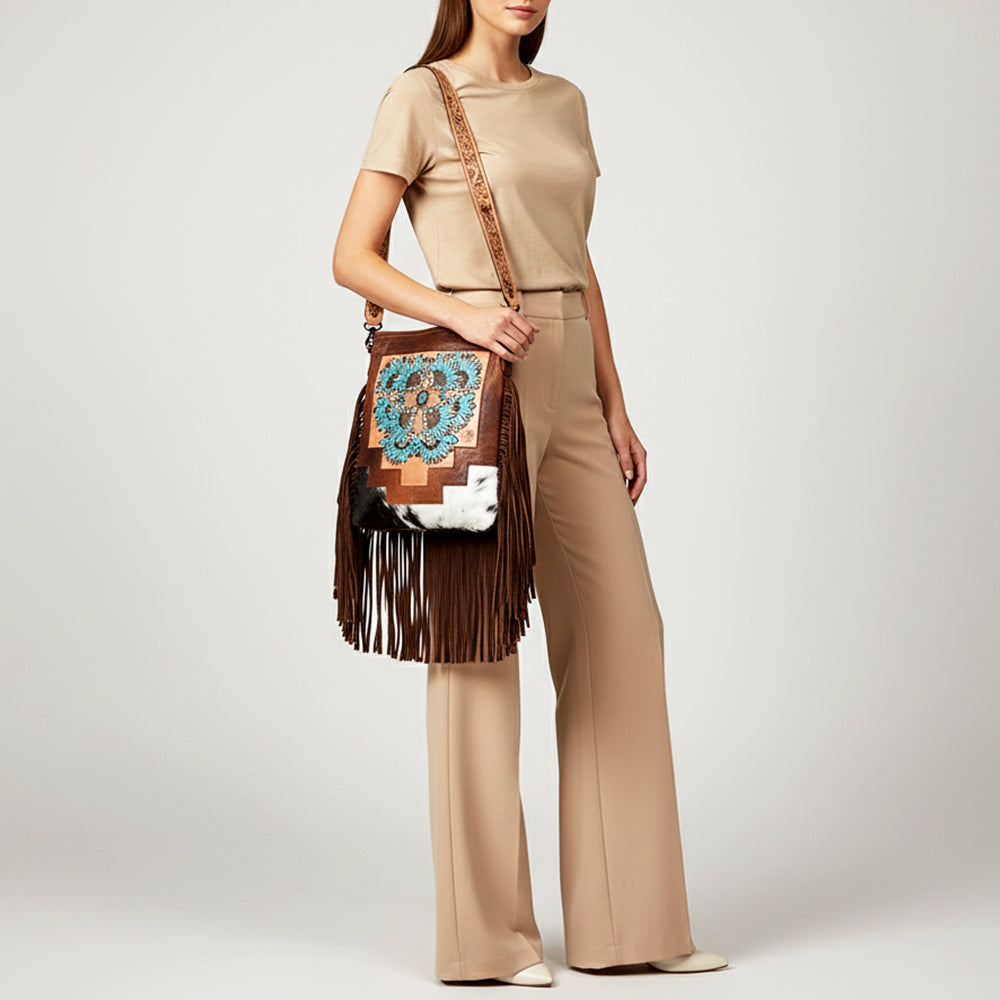 American Darling Hand-Tooled Leather Messenger Bag with Western Carving, Hair-On, Fringes, Rivet Embossing, Genuine Leather Build & Well-Compartmentalized Interior