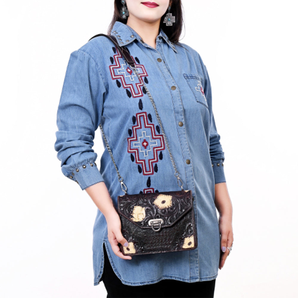 American Darling Hand Tooled Floral Carved Messenger Bag Genuine Vegetable-Tanned Full Grain Leather Western Purse