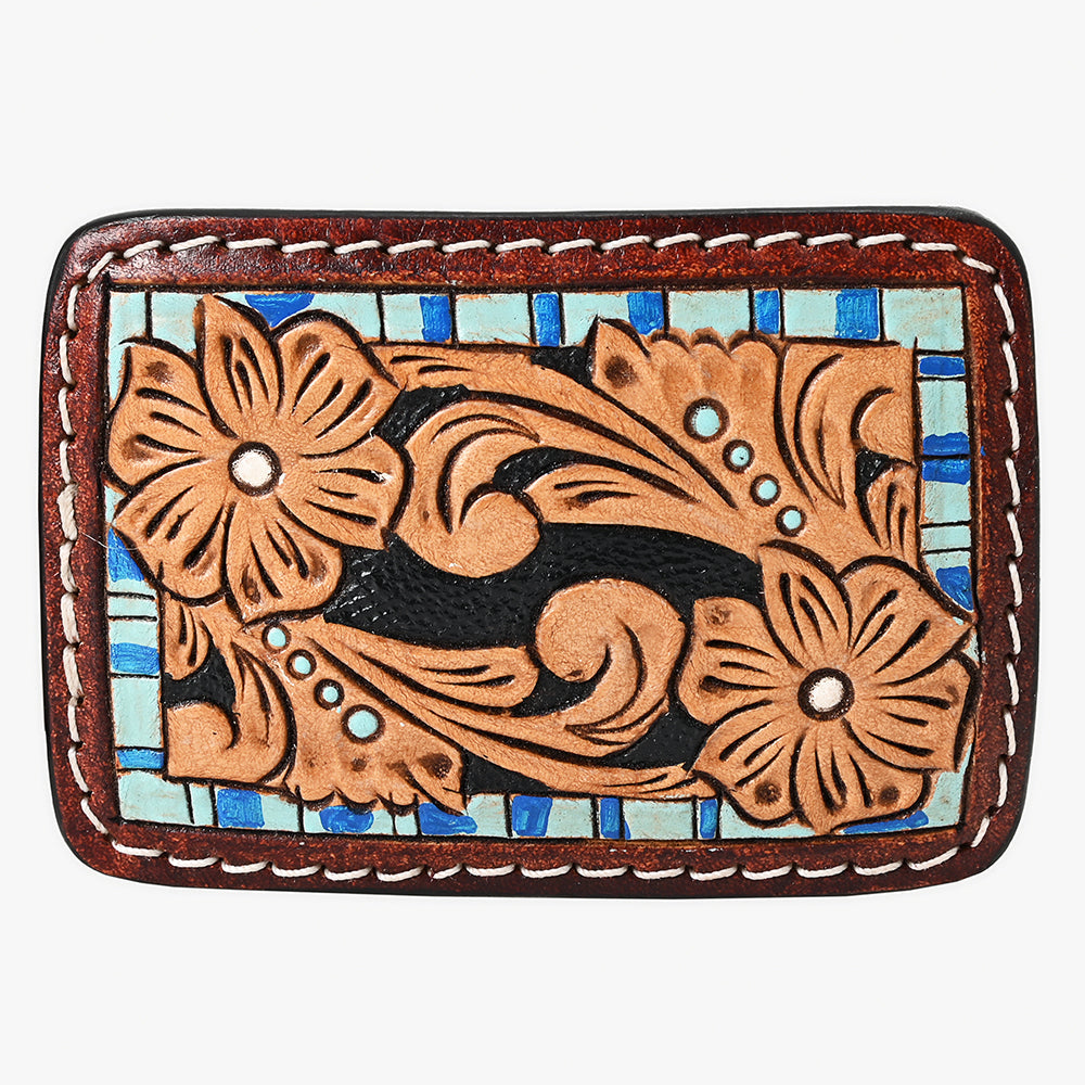 AMERICAN DARLING Floral Hand Carved Painted Belt Buckle Genuine Leather Covered Stylish Buckle