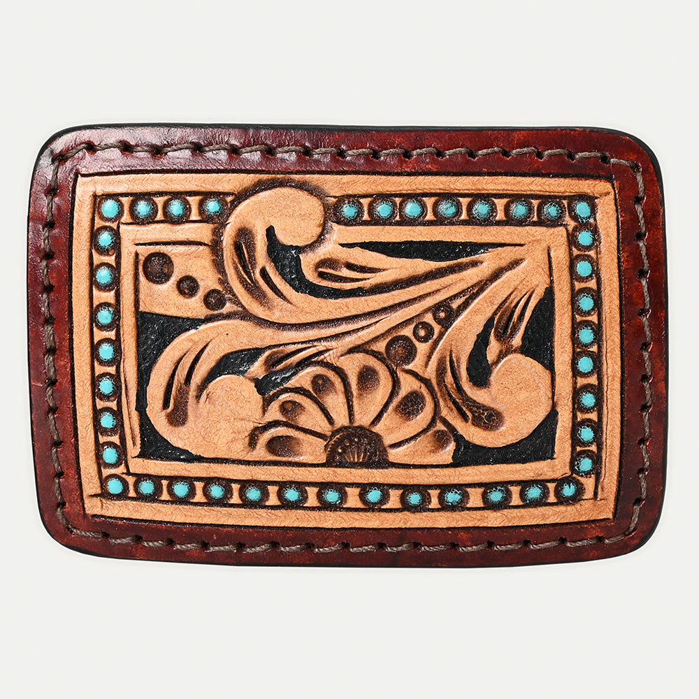 AMERICAN DARLING Floral Hand Carved Painted Belt Buckle Genuine Leather Covered Stylish Buckle
