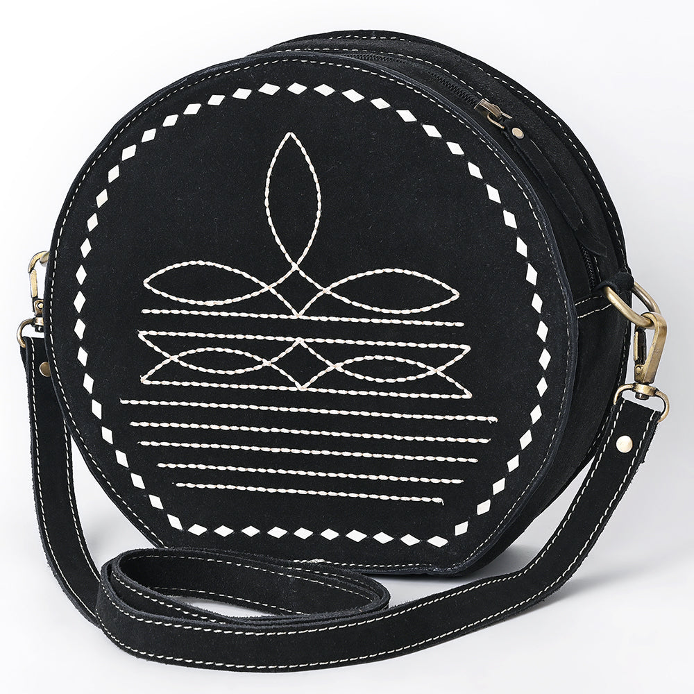 American Darling Genuine Suede Leather Canteen Bag Boot Stitched Embroidery Western Crossbody Round Purse