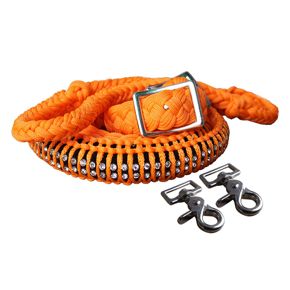 Hilason Braided Poly Barrel Reins, Flat Grip Knots with Crystal & Snaps — 1" x 8 ft