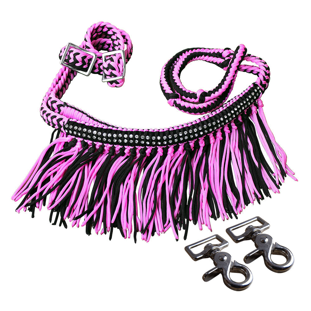 Hilason Braided Barrel Racing Reins with Crystal Fringe & Snaps — 1" x 8 ft