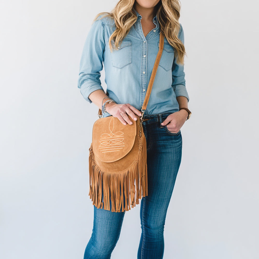 American Darling Boot Stitched Genuine Suede Leather Messenger Bag Genuine Western Fringe Crossbody Purse with YKK Zipper