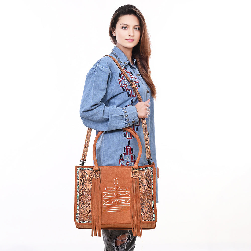 American Darling Tote Hand Tooled Suede Genuine Western Leather
