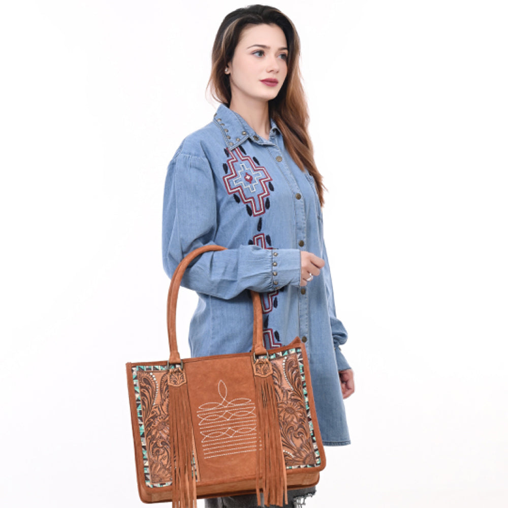 American Darling Tote Hand Tooled Suede Genuine Western Leather