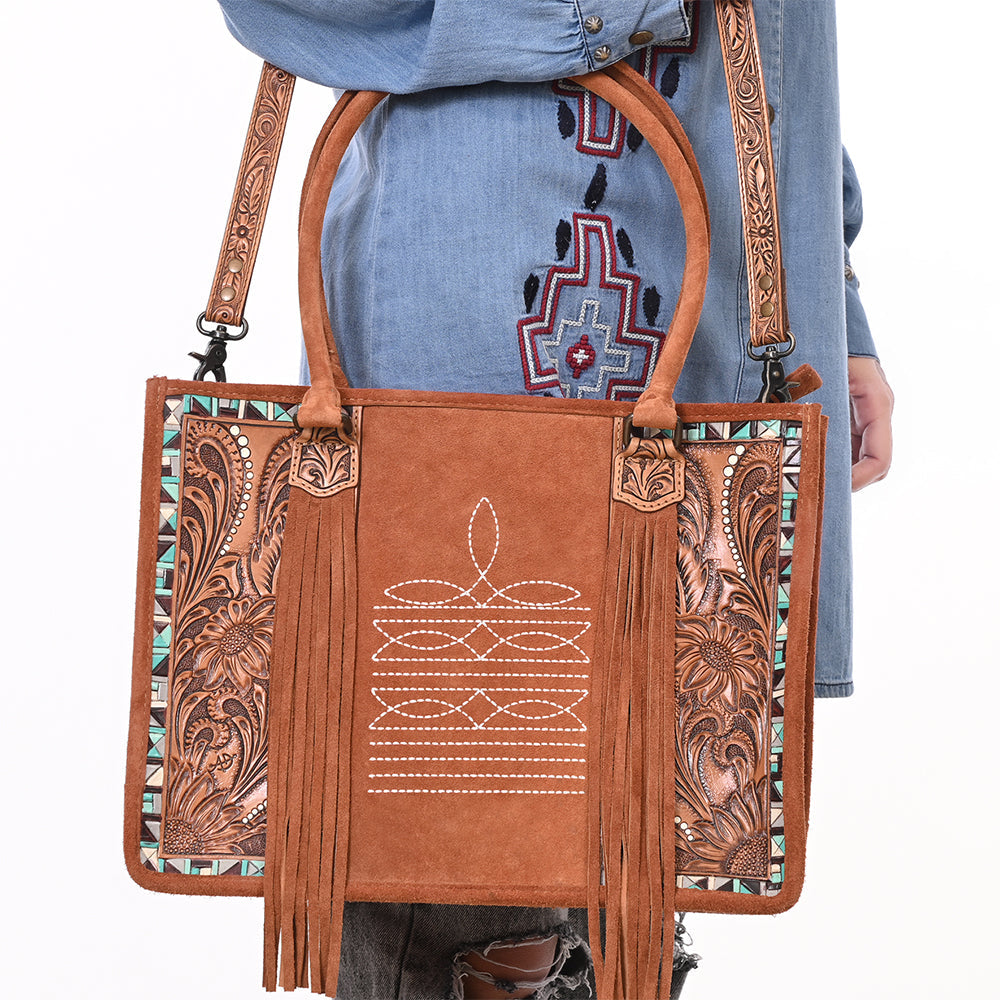American Darling Western Leather Tote Bag – Genuine Tooled Panels, Fringe Accents, Spacious Design, Premium Craftsmanship