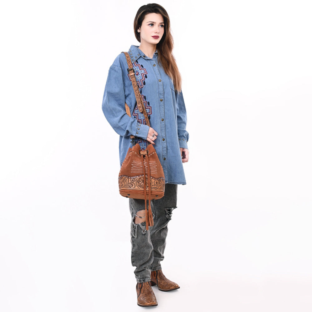 American Darling Hand-Tooled Genuine Leather Bucket Bag