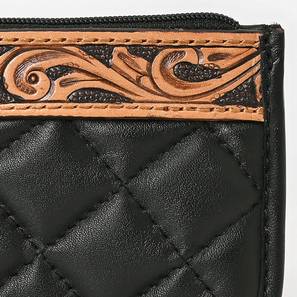 American Darling Genuine Leather Hand-Tooled Floral Quilted Coin Purse with YKK Zipper - 3.5in X 5in
