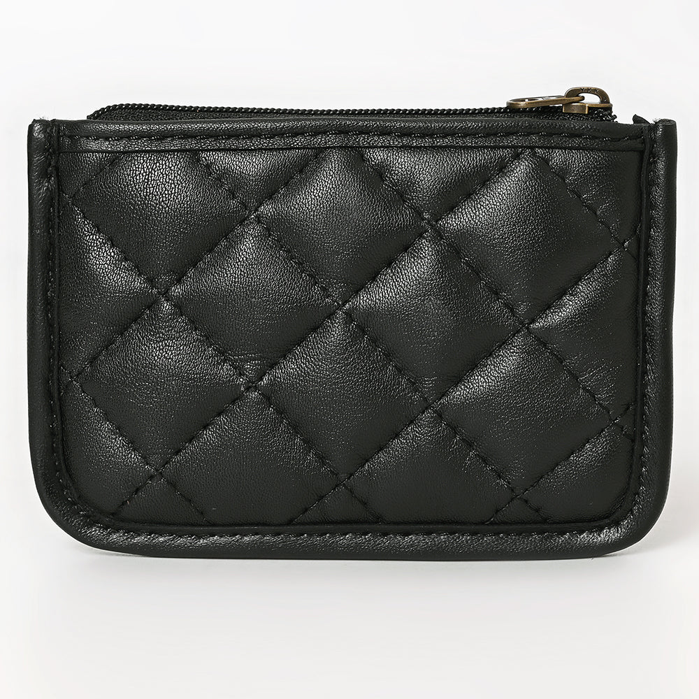 American Darling Genuine Leather Hand-Tooled Floral Quilted Coin Purse with YKK Zipper - 3.5in X 5in