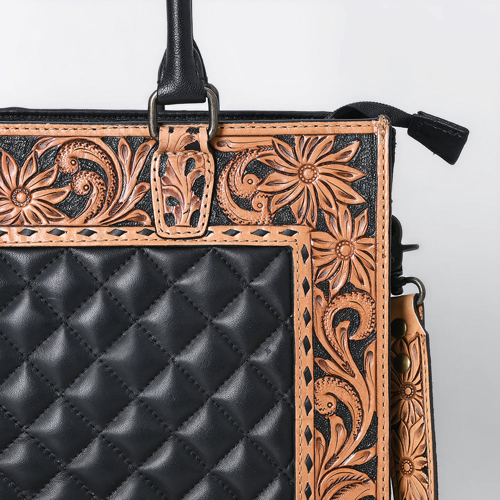 American Darling Genuine Leather Hand-Tooled Floral Quilted Tote Bag Shoulder Purse with YKK Zipper - 12in X 16in