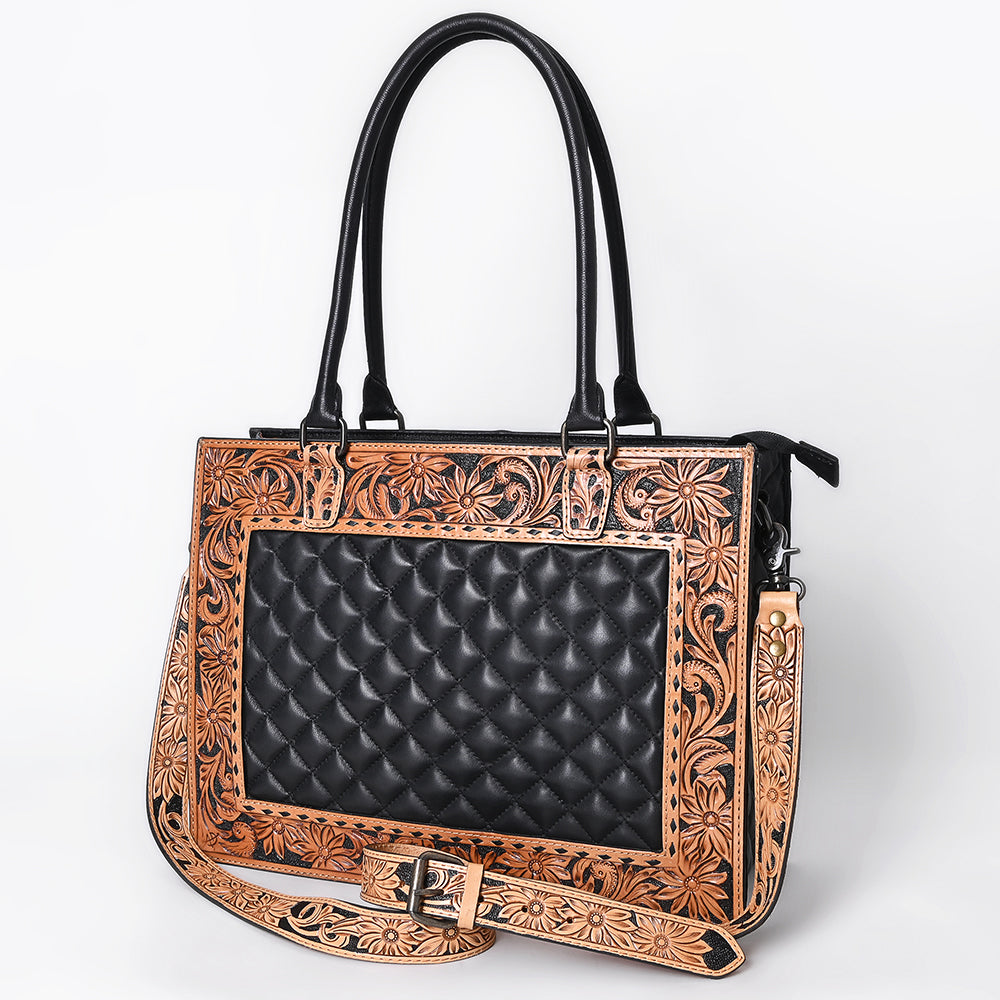 American Darling Genuine Leather Hand-Tooled Floral Quilted Tote Bag Shoulder Purse with YKK Zipper - 12in X 16in
