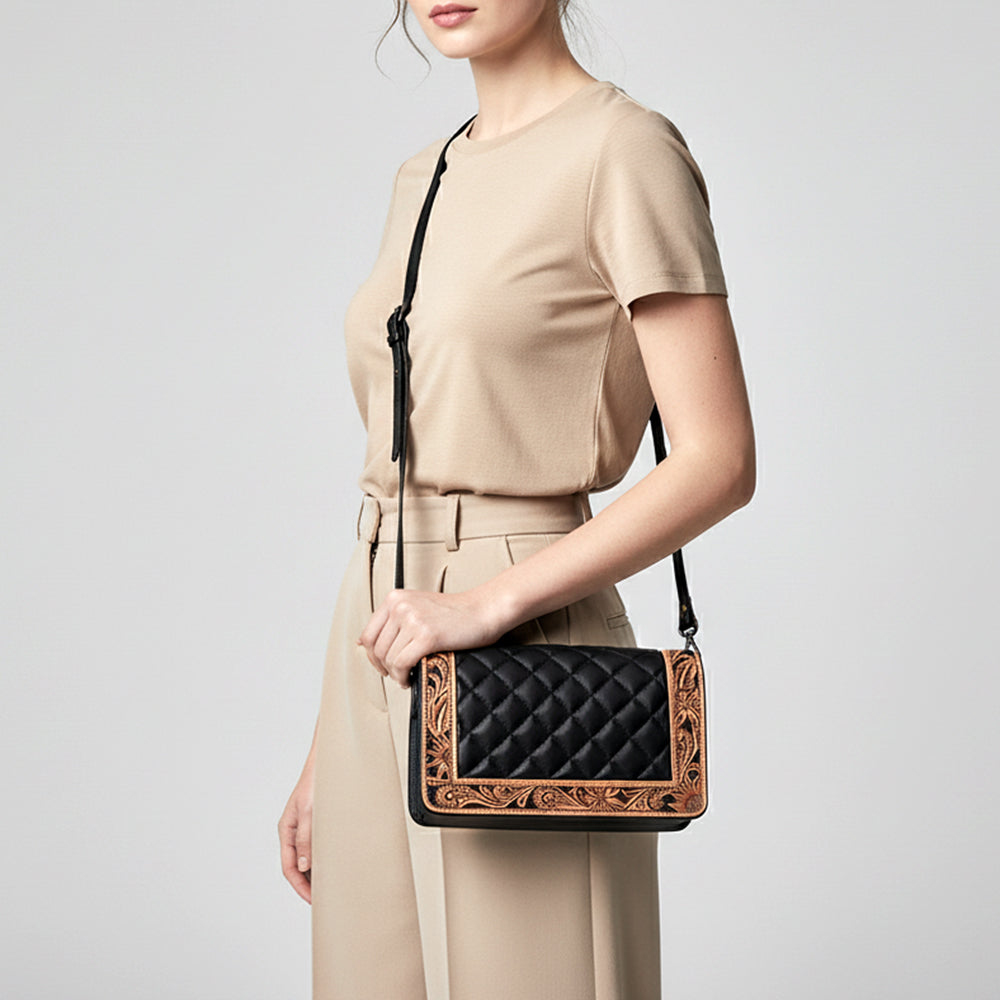 American Darling Genuine Leather Hand-Tooled Floral Quilted Organiser Bag Crossbody with YKK Zipper