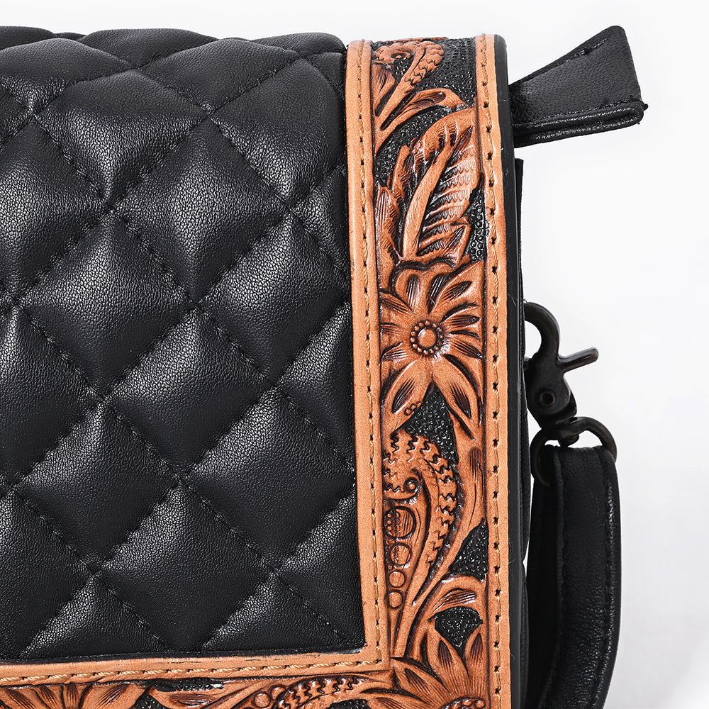 American Darling Genuine Leather Hand-Tooled Floral Quilted Organiser Bag Crossbody with YKK Zipper