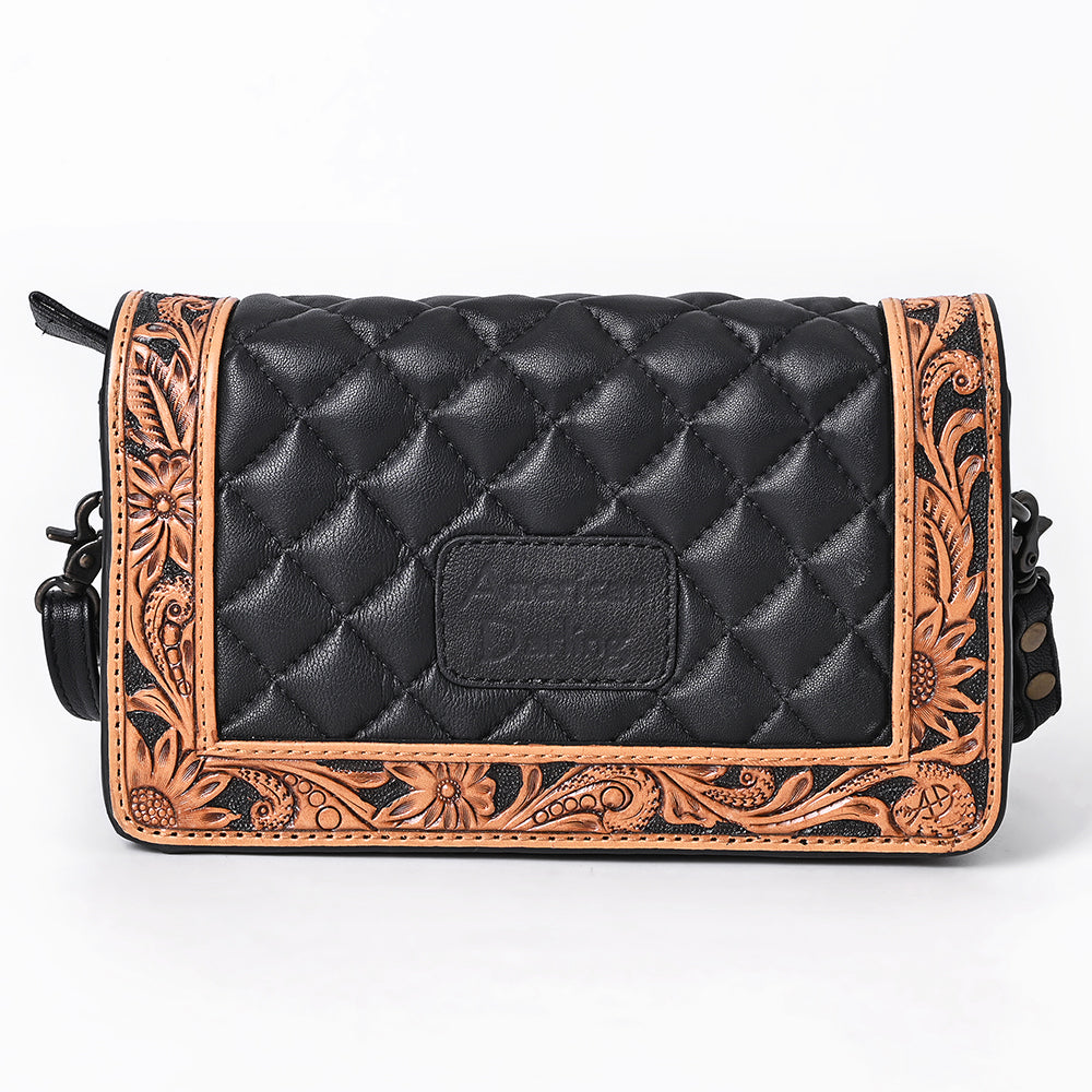 American Darling Genuine Leather Hand-Tooled Floral Quilted Organiser Bag Crossbody with YKK Zipper