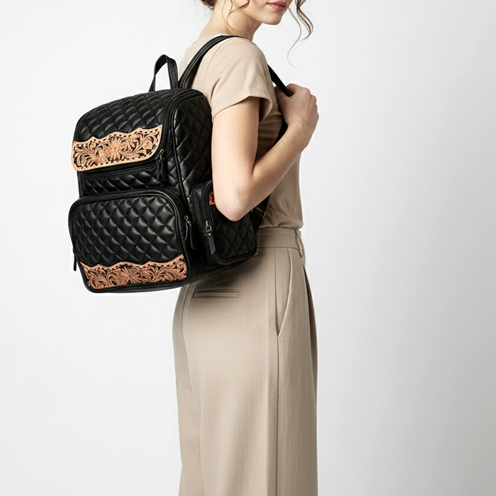 American Darling Genuine Leather Hand-Tooled Floral Quilted Backpack Bag Travel Purse with YKK Zipper