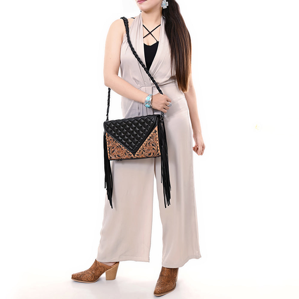 American Darling Hand-Tooled Floral Wallet Bag for Women - Genuine Leather with Fringe, Quilted & Buck Stitched Design